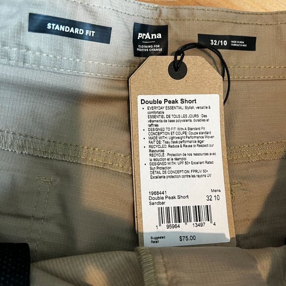 prAna Mens Standard Double Peak Hiking Short 32"Waist  10"Length in Sandbar - Picture 8 of 9